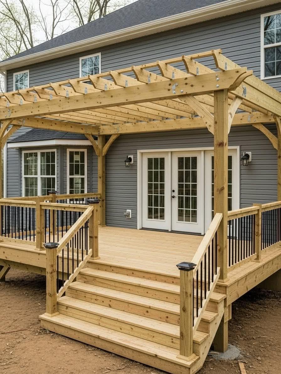 New cedar deck with pergola, stairs and black metal balusters