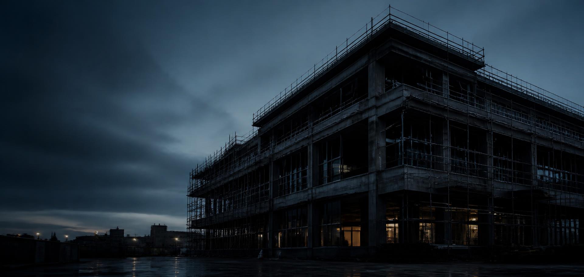 Commercial building under renovation with scaffolding at dusk