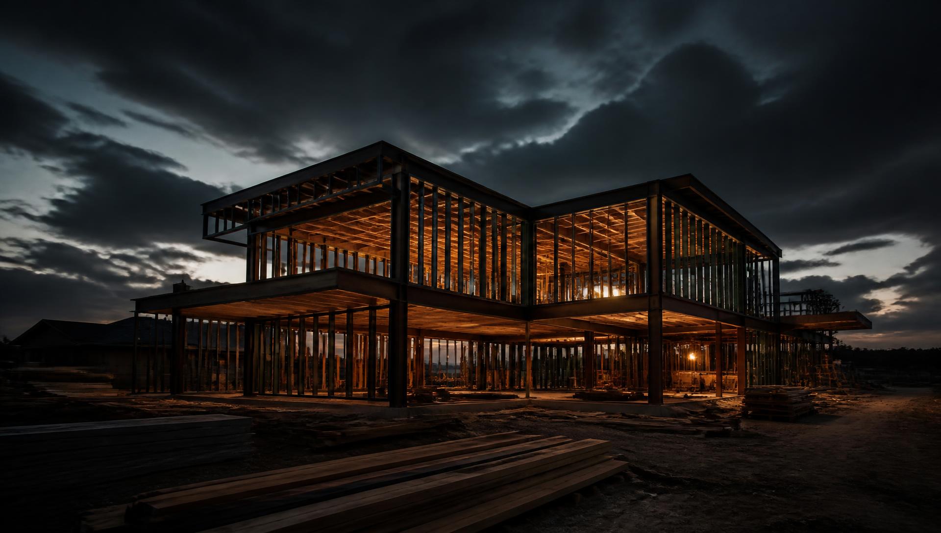Residential structure under construction at dusk with framing and work lights